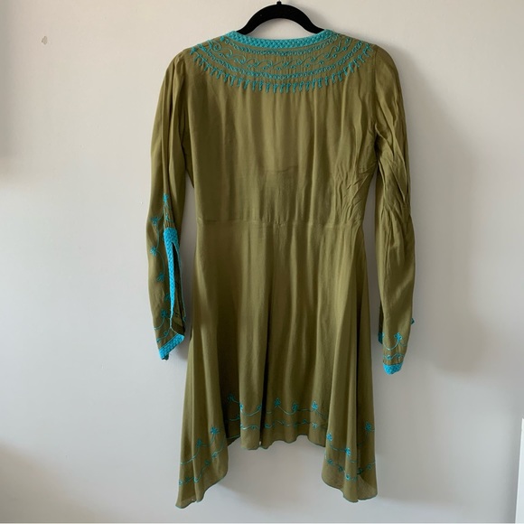 Chach olive green & blue embroidered long open sleeve tunic top shirt size small - Picture 2 of 2